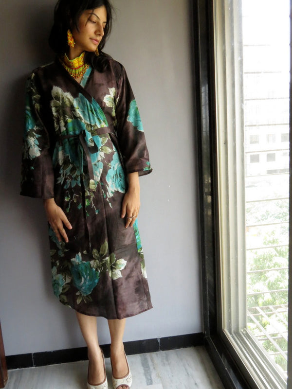 Brown Floral Knee Length, Kimono Crossover Belted Robe