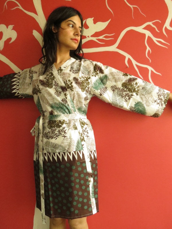 White Green Brown Knee Length, Kimono Crossover Belted Robe