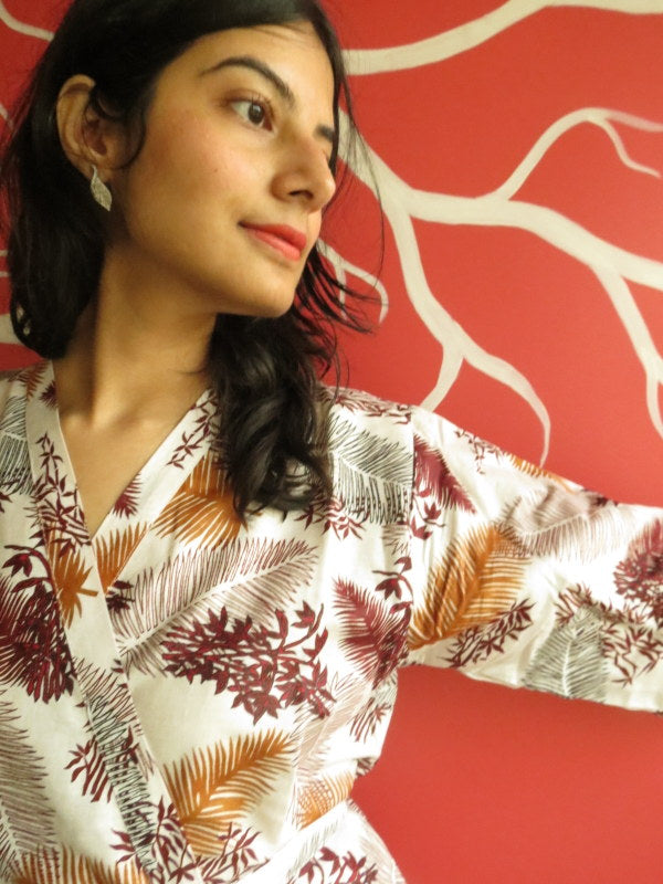 White Maroon leafy Knee Length, Kimono Crossover Belted Robe