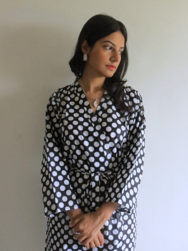 Black Polka Dots Knee Length, Kimono Crossover Belted Robe