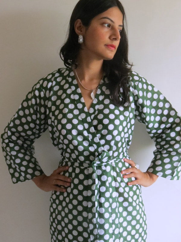 Dark Green Polka Dots Knee Length, Kimono Crossover Belted Robe