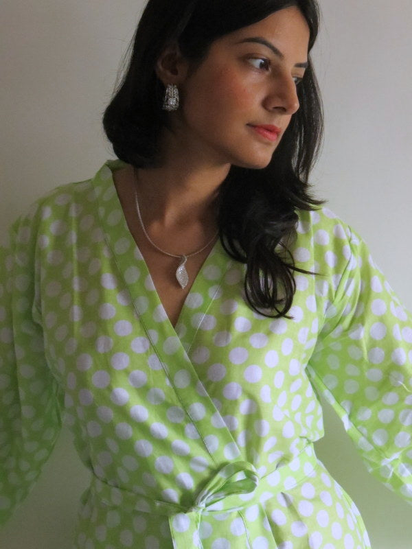 Green Polka Dots Knee Length, Kimono Crossover Belted Robe
