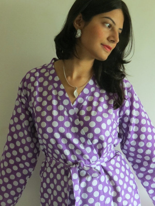 Lilac Polka Dots Knee Length, Kimono Crossover Belted Robe
