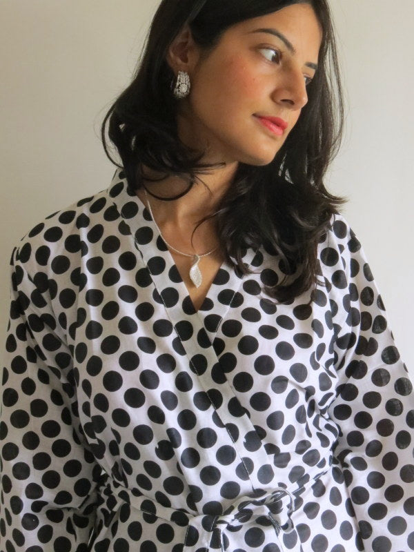 White Polka Dots Knee Length, Kimono Crossover Belted Robe