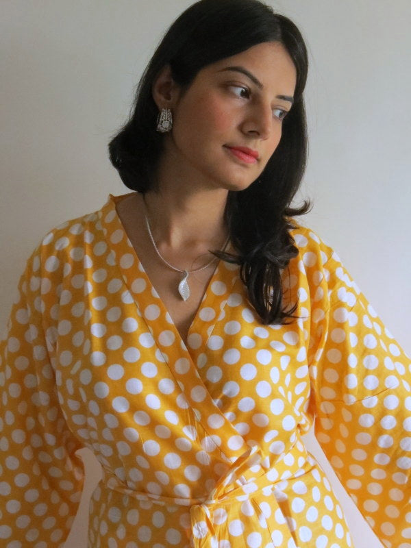 Yellow Polka Dots Knee Length, Kimono Crossover Belted Robe