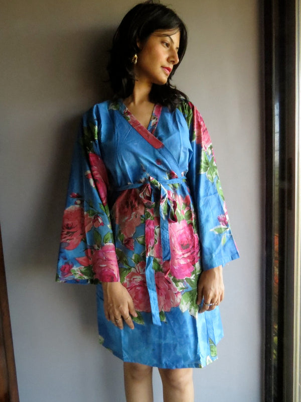 Blue Floral Knee Length, Kimono Crossover Belted Robe-E2 fabric Code