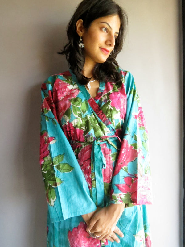 Teal Floral Ankle Length, Kimono Crossover Belted Robe-E7 fabric Code