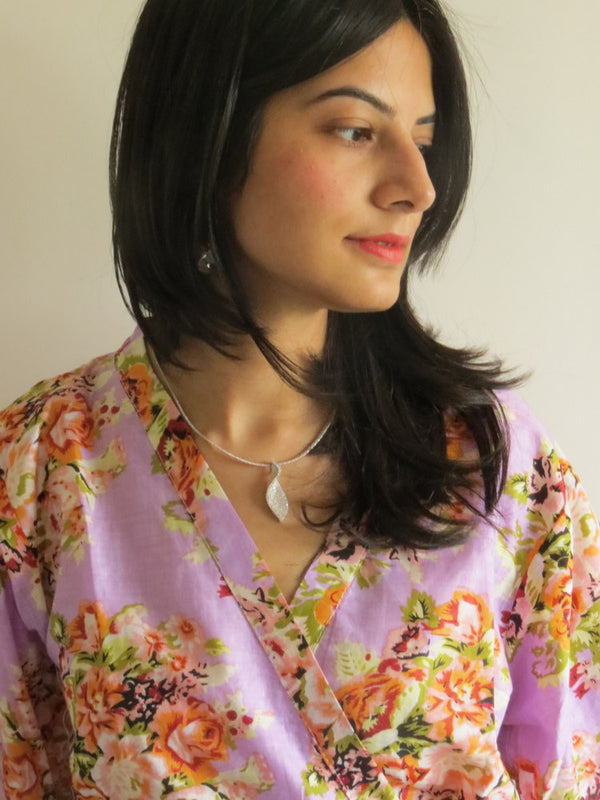 Lilac Floral Knee Length, Kimono Crossover Belted Robe