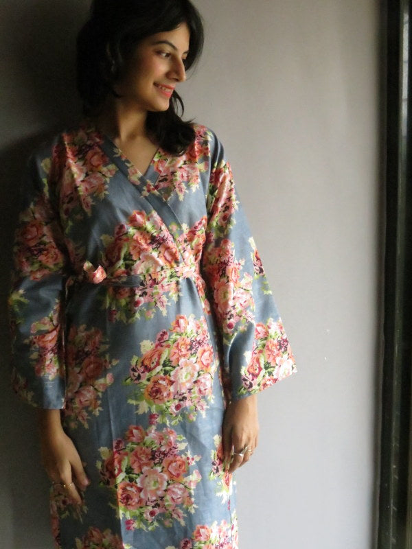 Gray Floral Knee Length, Kimono Crossover Belted Robe-C13 fabric Code