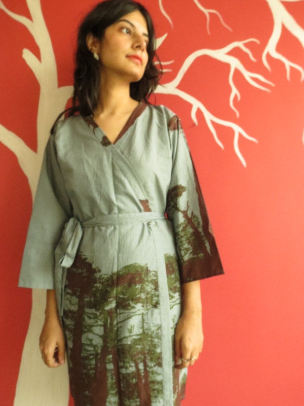 Gray Tree of Life Knee Length, Kimono Crossover Belted Robe