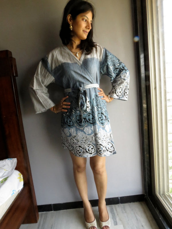Gray Striped Knee Length, Kimono Crossover Belted Robe