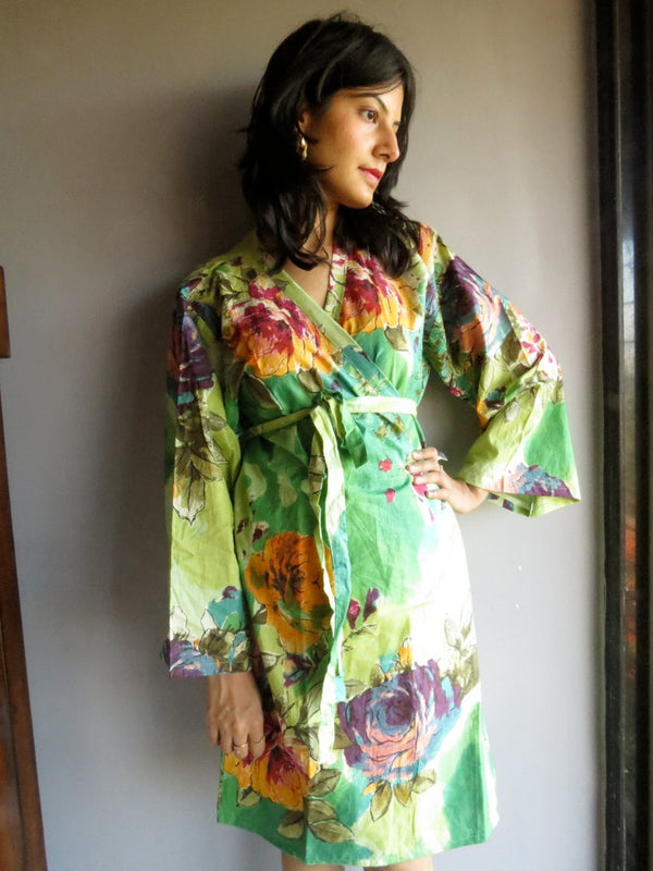 Green Big Floral Knee Length, Kimono Crossover Belted Robe