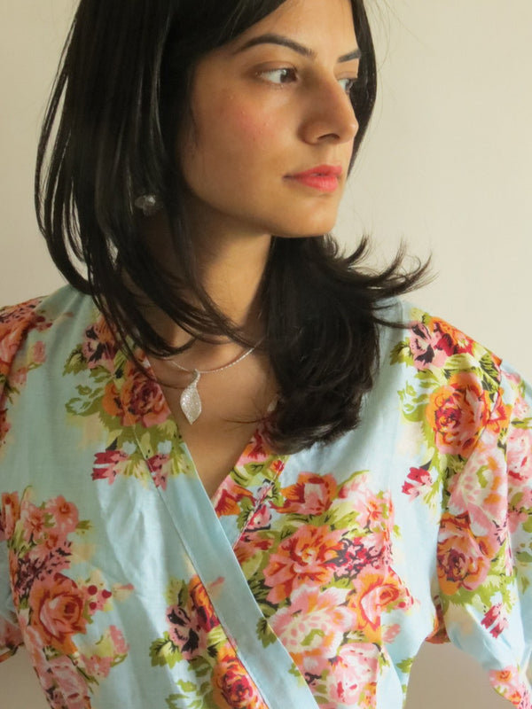 Light Blue Floral Knee Length, Kimono Crossover Belted Robe