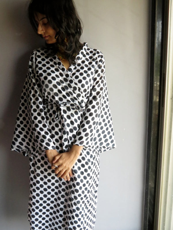 White Black Dots MidCalf Length, Kimono Crossover Belted Robe