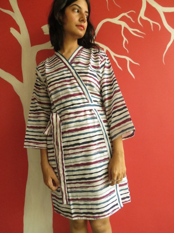 White Blue Striped Knee Length, Kimono Crossover Belted Robe