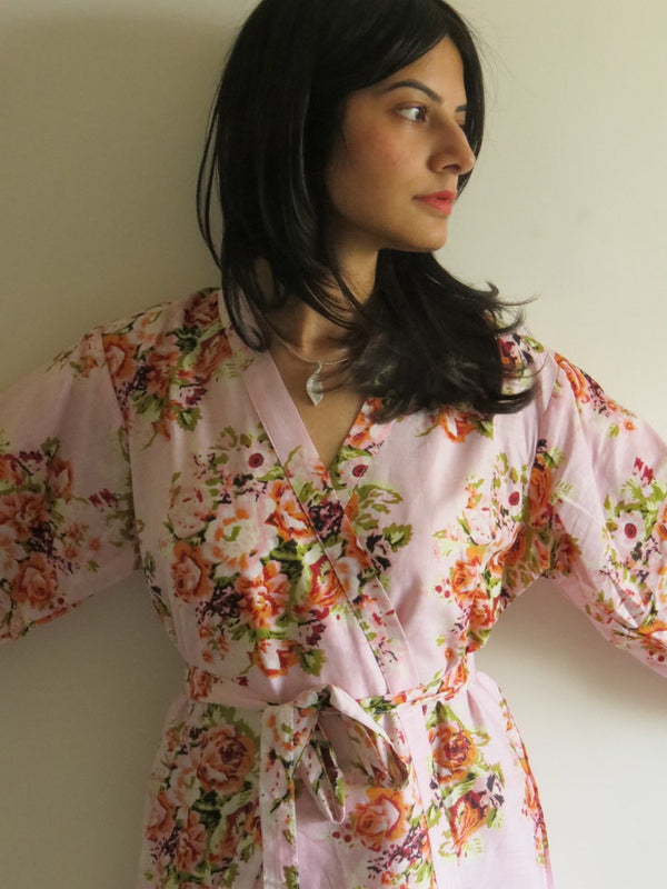 Pink Floral Knee Length, Kimono Crossover Belted Robe