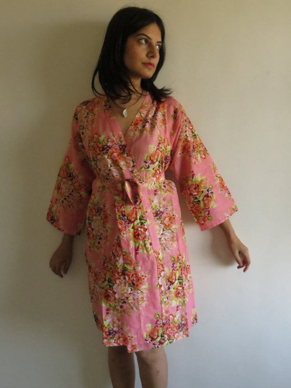 Coral Floral Knee Length, Kimono Crossover Belted Robe