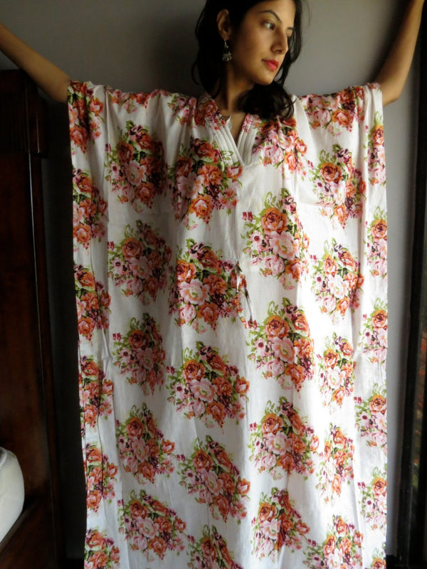 White Floral Posy V-Neck, Ankle Length, Cinched Waist Caftan