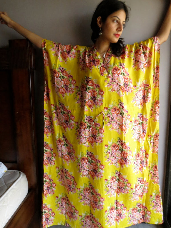 Yellow Floral Posy V-Neck, Ankle Length, Cinched Waist Caftan