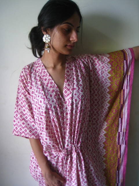 Pink Checkered V-Neck, Ankle Length, Cinched Waist Caftan