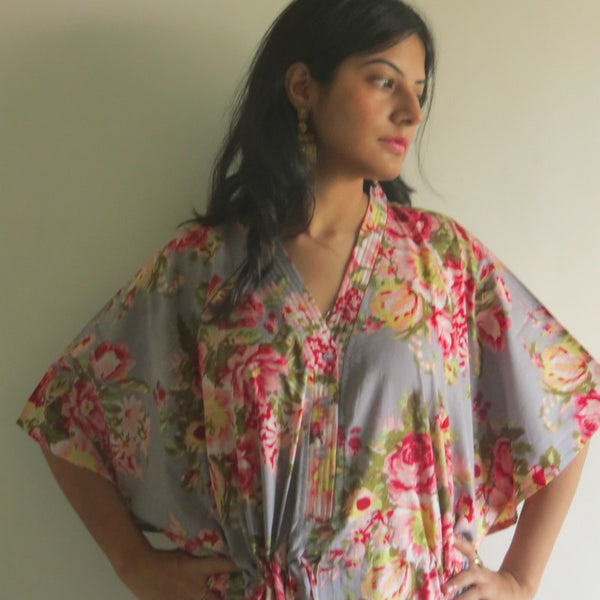 Gray Floral Rosy Red Posy V-Neck Button Down to Waist, Ankle Length, Cinched Waist Caftan