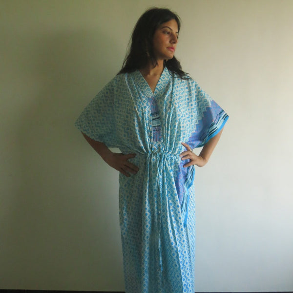 Light Blue Geometric Chevron V-Neck Button Down to Waist, Ankle Length, Cinched Waist Caftan