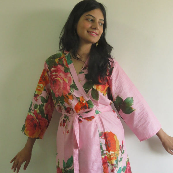 Pink Big Floral Knee Length, Kimono Crossover Belted Robe