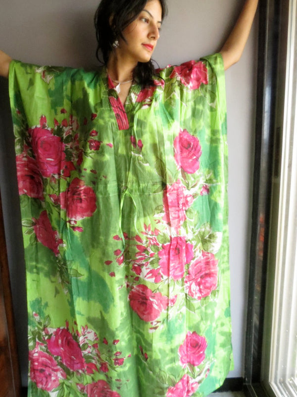 Green Fuchsia Large Floral Blossom V-Neck, Ankle Length, Cinched Waist Caftan