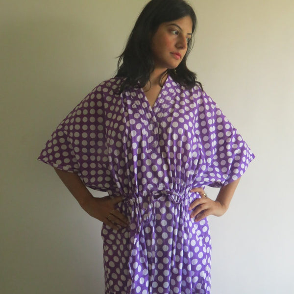 Lilac Polka Dots V-Neck Button Down to Waist, Ankle Length, Cinched Waist Caftan