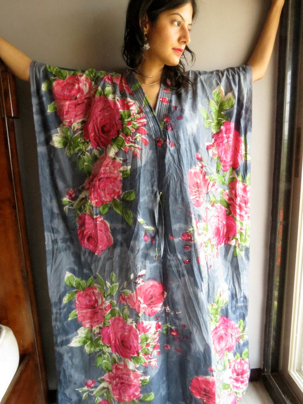 Gray Fuchsia Large Floral Blossom V-Neck, Ankle Length, Cinched Waist Caftan