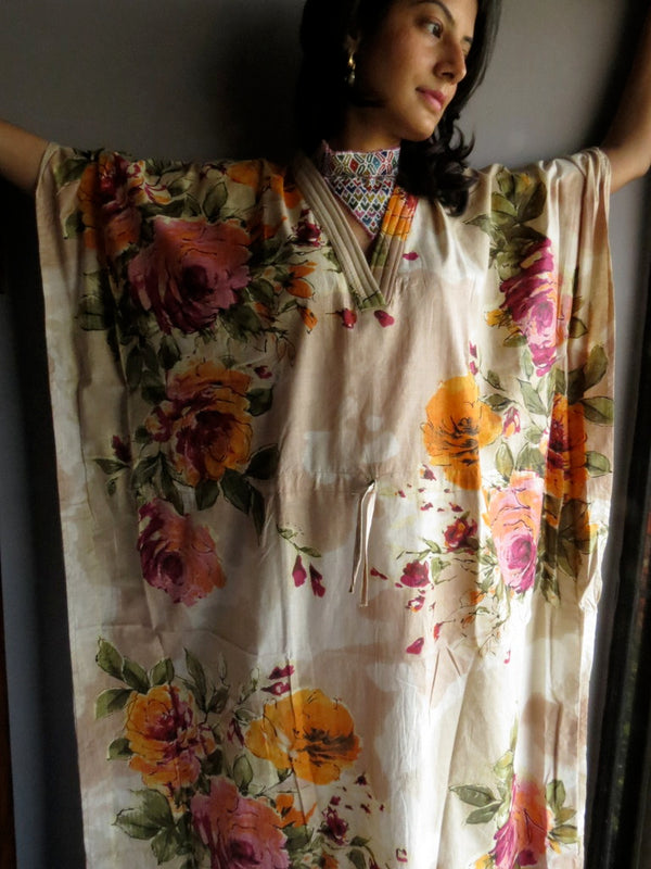Cream Large Floral Blossom V-Neck, Ankle Length, Cinched Waist Caftan