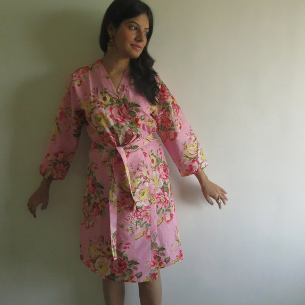 Pink Floral Knee Length, Kimono Crossover Belted Robe