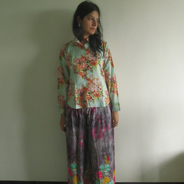 Gray Floral Wide Legged Elastic Pajamas