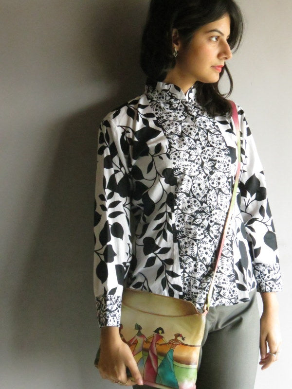 White Black Leafy Buttoned Shirt