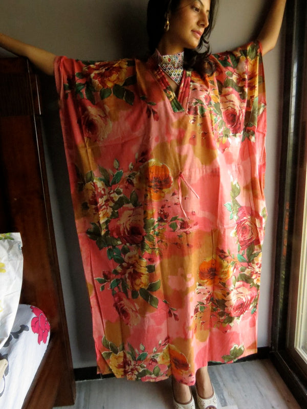 Coral Large Floral Blossom V-Neck, Ankle Length, Cinched Waist Caftan