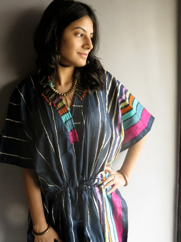 Dark Blue Stripes V-Neck, Knee Length, Cinched Waist Caftan