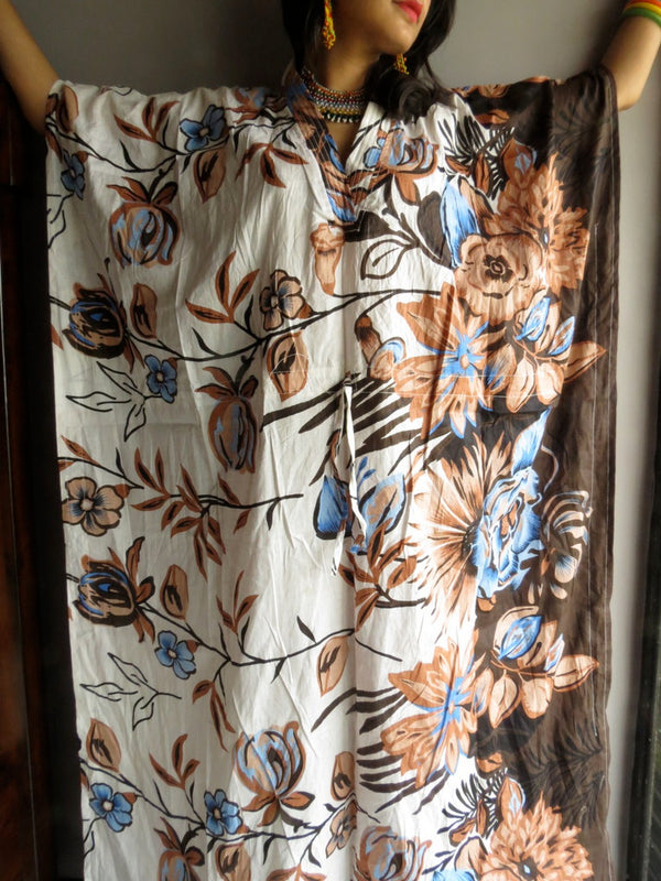 Ivory Peach Brown Floral V-Neck, Ankle Length, Cinched Waist Caftan-V2 fabric Code