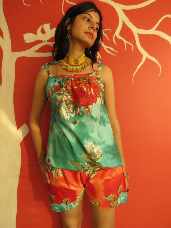 Red Teal Floral Shorts