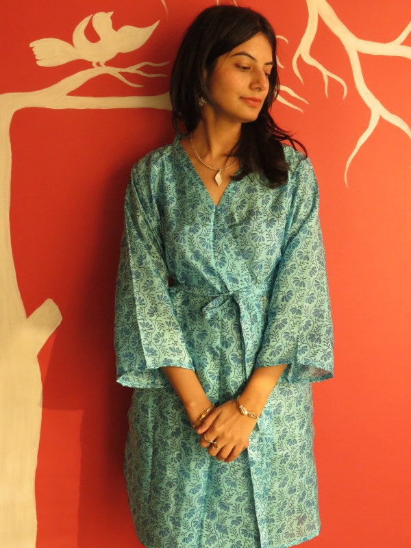 Silk Light Blue Leafy Knee Length, Kimono Crossover Belted Robe