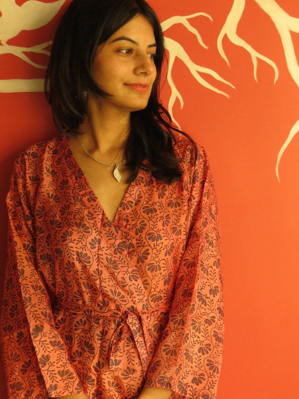 Silk Raspberry Leafy Knee Length, Kimono Crossover Belted Robe