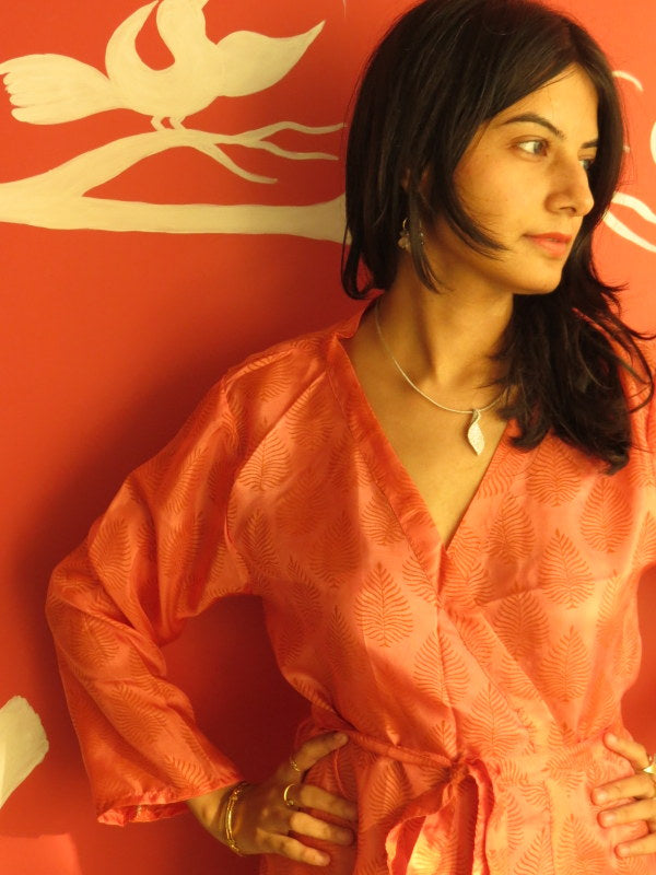 Silk Coral Leafy Knee Length, Kimono Crossover Belted Robe