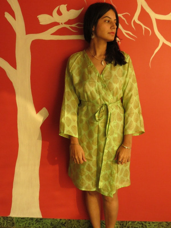 Silk Green Leafy Knee Length, Kimono Crossover Belted Robe