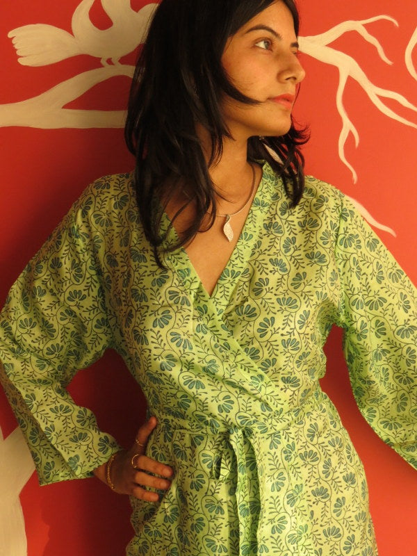 Silk Green Leafy Knee Length, Kimono Crossover Belted Robe