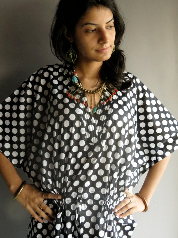 Black Polka Dots V-Neck, Ankle Length, Cinched Waist Caftan