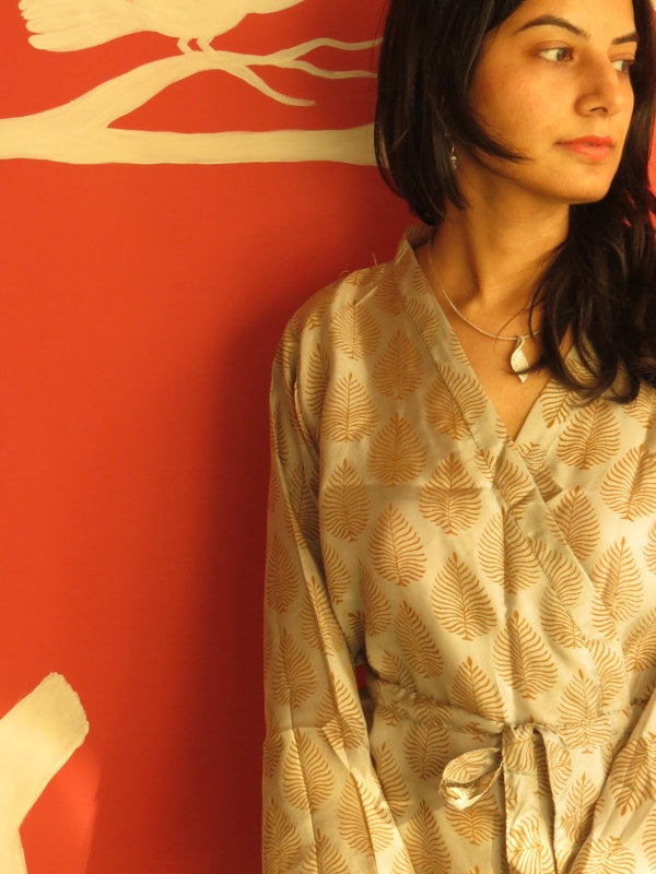 Silk Silver Leafy Knee Length, Kimono Crossover Belted Robe