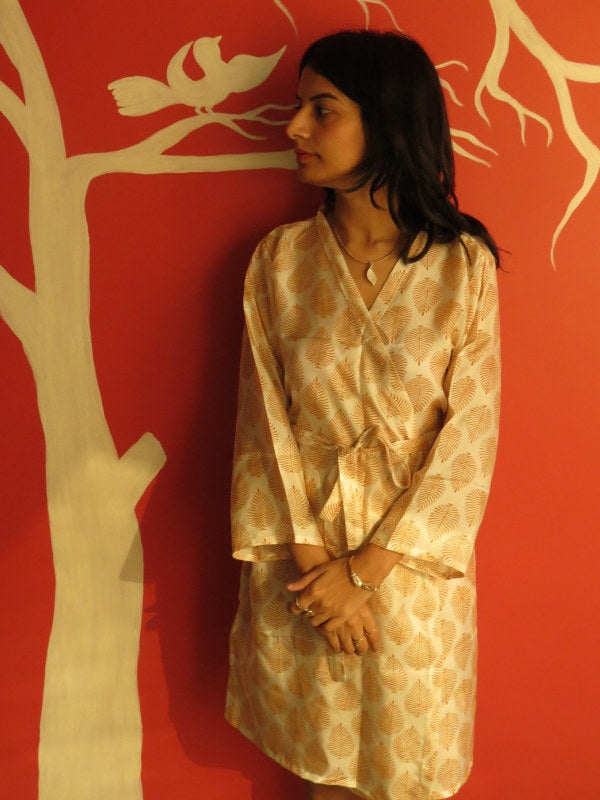 Ivory Leafy Silk Knee Length, Kimono Crossover Belted Robe