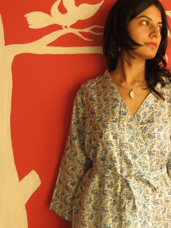 Silk White Leafy Knee Length, Kimono Crossover Belted Robe