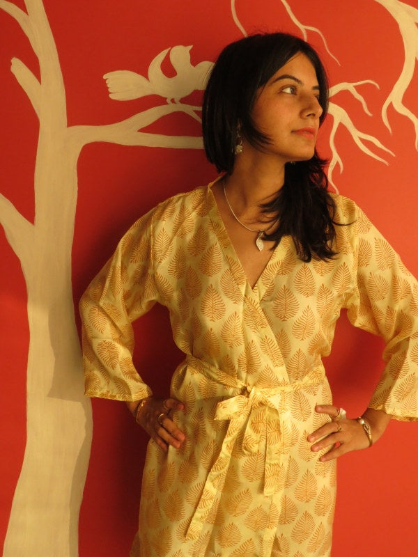 White leafy Silk Hand-Block Printed Kimono Crossover Robe