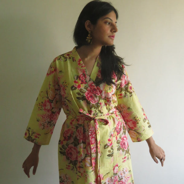 Pastel Yellow Floral Knee Length, Kimono Crossover Belted Robe