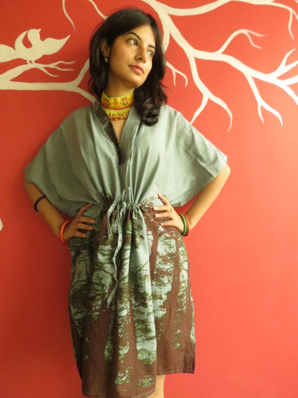 Gray Tree V-Neck, Knee Length, Cinched Waist Caftan-M1 fabric Code